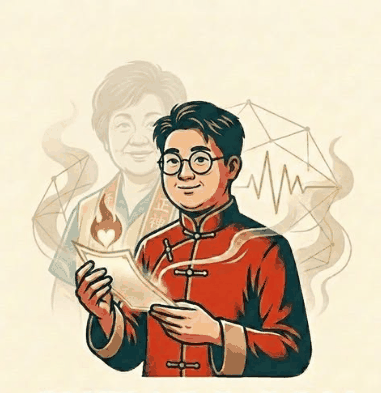 神婆個仔:著紅唐裝嘅個仔手持燃燒緊嘅衣紙,背後係阿媽(神婆)嘅身影